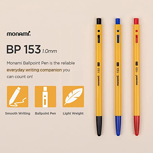 MONAMI BP 153 Retractable Ballpoint Pen, Medium Point (1.0mm), Black, 12-Count