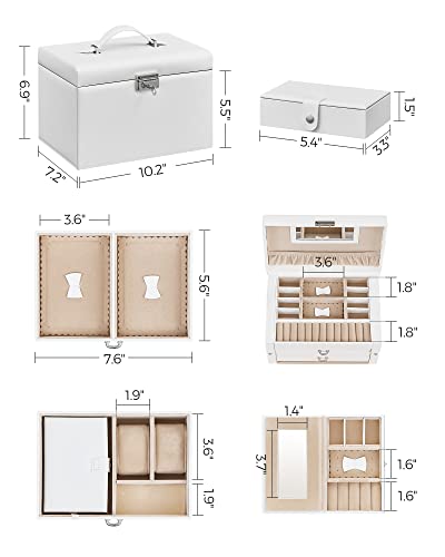 SONGMICS Jewelry Box 3 Layers, Jewelry Organizer with 2 Drawers, Jewelry Case with Portable Travel Case, with Handle, Lockable, Jewelry Storage, Gift for Loved ones, White UJBC121W