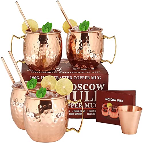 will's Moscow Mule Copper Mugs - Set of 4-100% Pure Solid Copper Mugs - 16 oz Premium Gift Set with 4 Cocktail Copper Straws, Shot Glass and Recipe Booklet