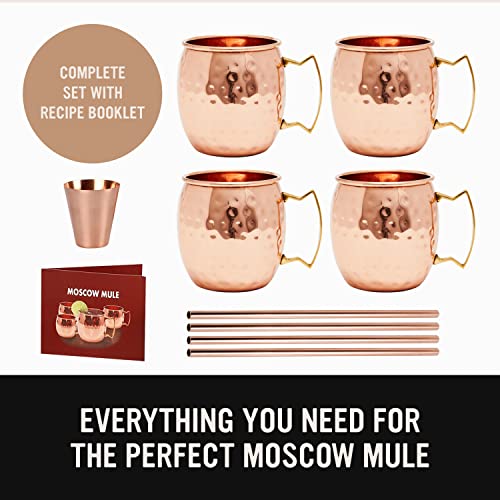 will's Moscow Mule Copper Mugs - Set of 4-100% Pure Solid Copper Mugs - 16 oz Premium Gift Set with 4 Cocktail Copper Straws, Shot Glass and Recipe Booklet