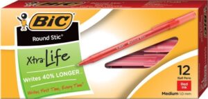 bic round stic xtra life ball pen, medium point (1.0 mm), red, 24-count