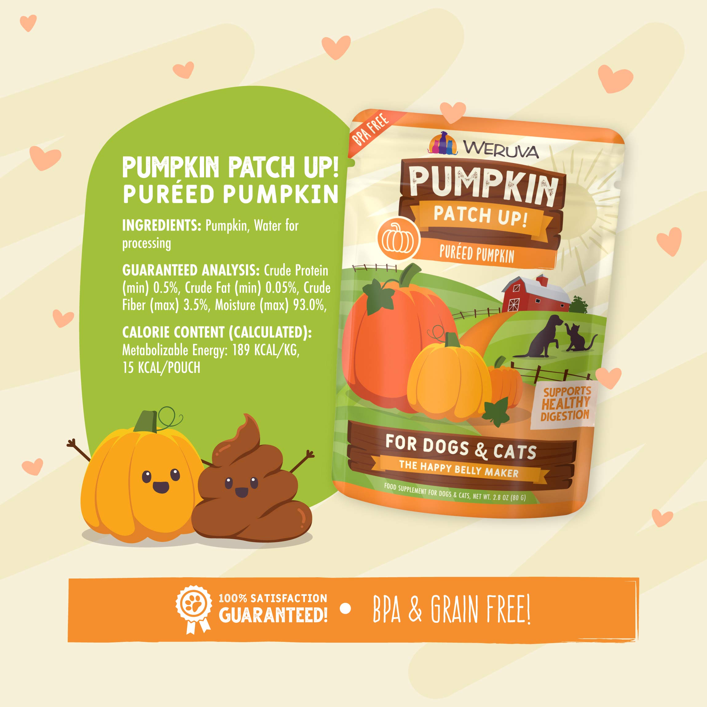 Weruva Pumpkin Patch Up!, Pumpkin Puree Pet Food Supplement for Dogs & Cats, 2.80oz Pouch (Pack of 12)