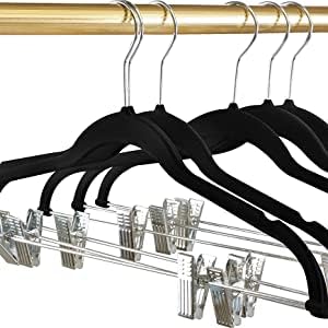 Home-it 10 Pack Skirt Hangers with Clips Black Velvet Hangers Use for Skirt Clothes Hangers - Felt Pants Hangers Ultra Thin Non Slip