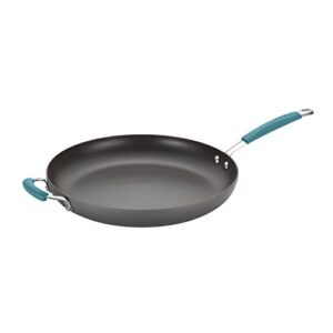 rachael ray 87642 cucina hard anodized nonstick skillet with helper handle, 14 inch frying pan, gray/agave blue