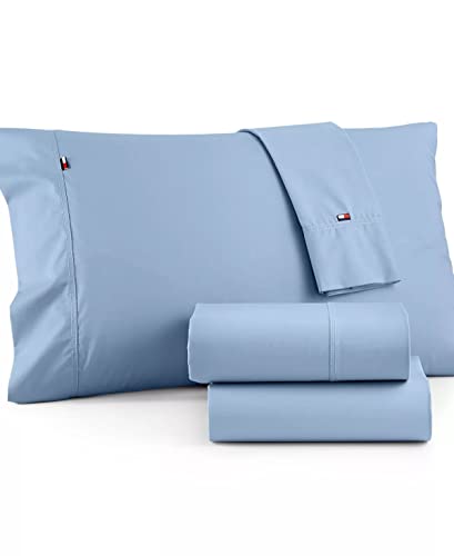 Tommy Hilfiger Signature Solid Sheeting 200 TC Set of 4 Sheet Set - 1 Flat Sheet, 1 Fitted Sheet & 2 Pillowcases, Queen Size, 100% Cotton (B Blue)