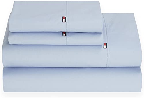 Tommy Hilfiger Signature Solid Sheeting 200 TC Set of 4 Sheet Set - 1 Flat Sheet, 1 Fitted Sheet & 2 Pillowcases, Queen Size, 100% Cotton (B Blue)