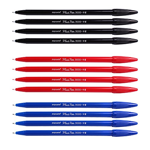 Monami Plus 3000 Office Sign Pen Felt Tip Water Based Ink Color Pen Complete Red,Blue,Black Dozen Box