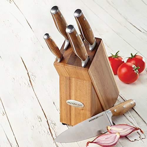 Rachael Ray Cucina 6-Piece Japanese Stainless Steel Knife Block Set with Acacia Handles