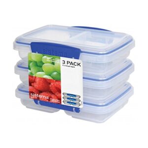 Sistema 3-Piece Food Storage Containers with 2 Compartments and Lids for Meal Prep, Dishwasher Safe, 11.8oz, Clear/Blue, 3 count (Pack of 1)