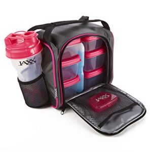 fit & fresh original jaxx fitpak insulated cooler lunch box, meal prep bag with portion control containers, ice pack, 28 oz shaker, standard, pink