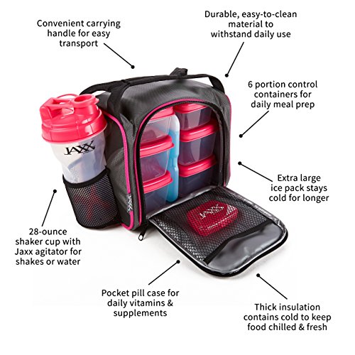 Fit & Fresh Original Jaxx FitPak Insulated Cooler Lunch Box, Meal Prep Bag with Portion Control Containers, Ice Pack, 28 oz Shaker, Standard, Pink