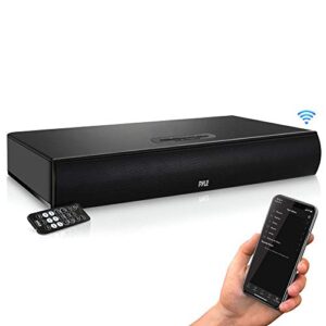pyle tv soundbar soundbase bluetooth - upgraded 2018 wireless surround sound system for tv’s with built-in subwoofer, remote control, aux rca optical digital inputs for tv pc - psbv600bt