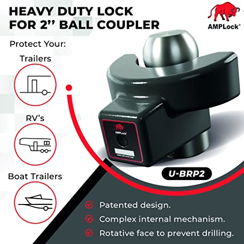 AMPLOCK U-BRP2 | Heavy Duty Trailer Lock for 2" Ball Coupler | Patented 2-Parts Trailer Coupler Lock for Enclosed Trailer, RV and Boat Trailer | Fits 2" Ball Trailer Coupler with Flat Lip Design Only