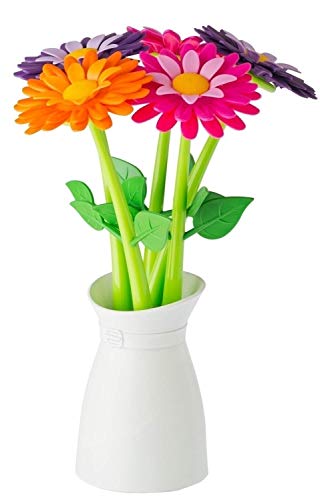 Vigar Flower Shop Pen Set with Vase, Set of 5 Colorful and Decorative Flower-shaped Pens with Matching Holder