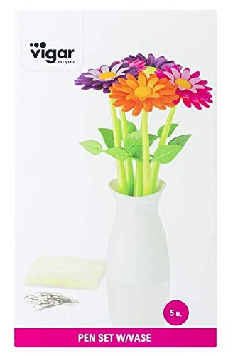 Vigar Flower Shop Pen Set with Vase, Set of 5 Colorful and Decorative Flower-shaped Pens with Matching Holder