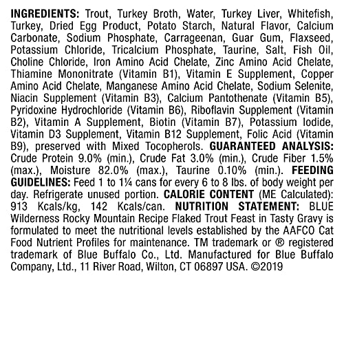 Blue Buffalo Wilderness Rocky Mountain Recipe High Protein, Natural Adult Flaked Wet Cat Food, Trout Feast in Tasty Gravy 5.5-oz cans (Pack of 24)