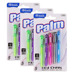 bazic ballpoint pen palm mini pens w/key ring, black ink 1.0 mm bold point smooth writing, total 15 pens