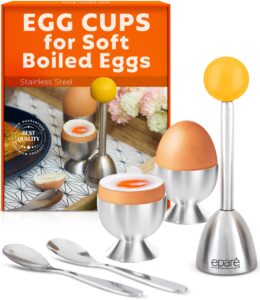 egg cups for soft boiled eggs with spoons - stainless steel egg topper - durable egg opener topper cutter - giftable egg cracker tool & soft boiled egg holder cutter by eparé