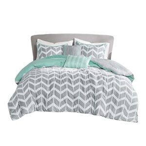 Intelligent Design Cozy Comforter Set Geometric Design Modern All Season Vibrant Color Bedding Set with Matching Sham, Decorative Pillow, Full/Queen, Nadia, Teal 5 Piece