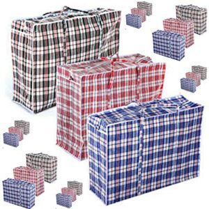 set of 5 large extra-wide plastic checkered laundry bags with zipper & handles. size=18"h x 16"l x 8.5"w. colors vary between blue, red, black & white. great for shopping, storage, laundry