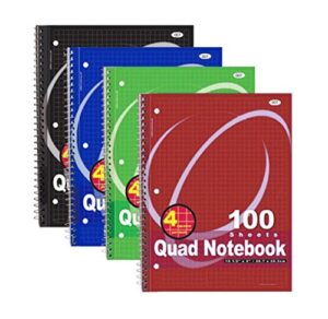 rampro quad-ruled spiral notebook 10-1/2 x 8 inches, assorted colors, 100 count (007) [4-pack]