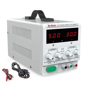 dr.meter dc power supply, 30v 5a adjustable switching regulated dc bench linear power supply with alligator leads and 3 led digital display, variable power supply with us 3-prong cable