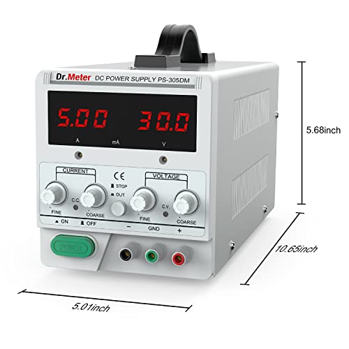 Dr.meter DC Power Supply, 30V 5A Adjustable Switching Regulated DC Bench Linear Power Supply with Alligator Leads and 3 LED Digital Display, Variable Power Supply with US 3-Prong Cable