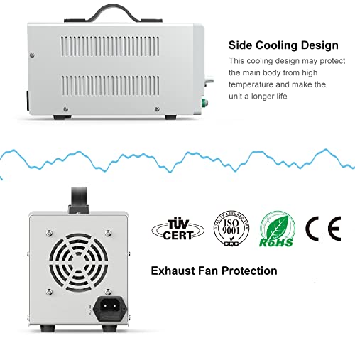 Dr.meter DC Power Supply, 30V 5A Adjustable Switching Regulated DC Bench Linear Power Supply with Alligator Leads and 3 LED Digital Display, Variable Power Supply with US 3-Prong Cable