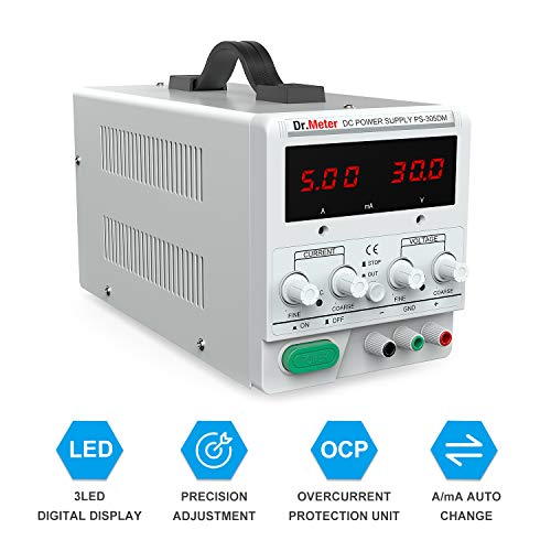 Dr.meter DC Power Supply, 30V 5A Adjustable Switching Regulated DC Bench Linear Power Supply with Alligator Leads and 3 LED Digital Display, Variable Power Supply with US 3-Prong Cable