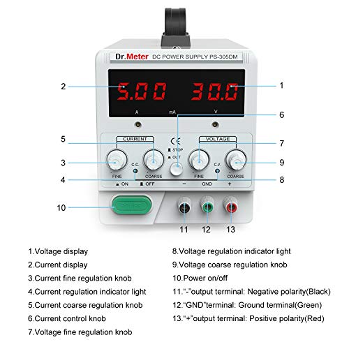 Dr.meter DC Power Supply, 30V 5A Adjustable Switching Regulated DC Bench Linear Power Supply with Alligator Leads and 3 LED Digital Display, Variable Power Supply with US 3-Prong Cable