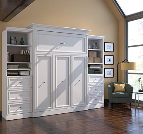 Bestar Versatile Queen Murphy Bed and 2 Shelving Units with Drawers (115W) in White