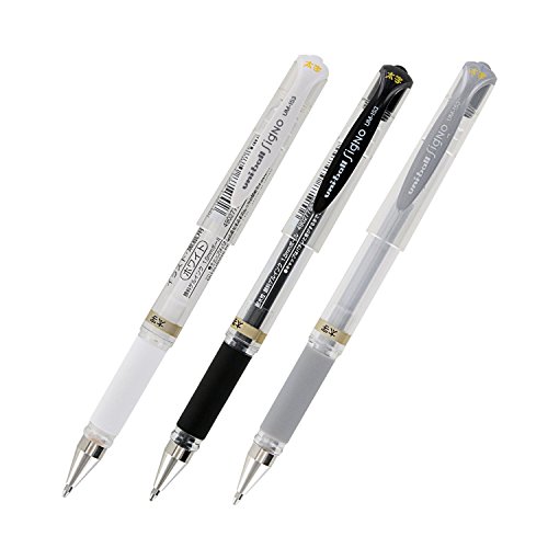 Uni-Ball Signo UM-153 Gel Ink Rollerball Pen, 1.0mm, Broad Point, White, Black and Silver Set of 3