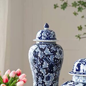 A&B Home 18" Porcelain Decorative Jar with Lid Blue White Floral Print Vase Ginger Jar Centerpiece Decor