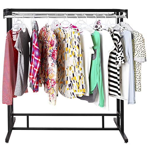 MyGift Black Stainless Steel Heavy Duty Clothes Garment Rack, Freestanding Double Rod Clothing Hanger Stand with Storage Display Shelf