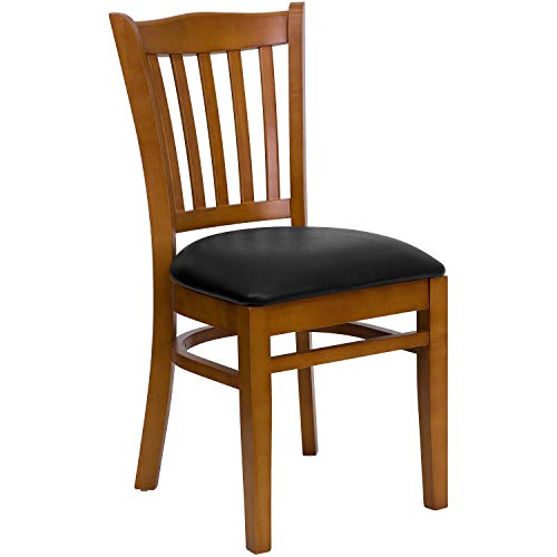 Flash Furniture 4 Pk. HERCULES Series Vertical Slat Back Cherry Wood Restaurant Chair - Black Vinyl Seat