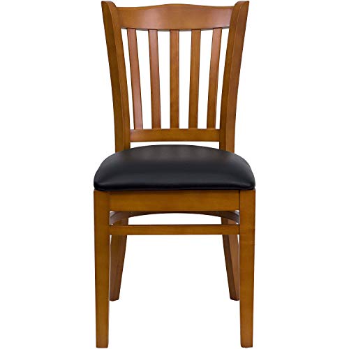 Flash Furniture 4 Pk. HERCULES Series Vertical Slat Back Cherry Wood Restaurant Chair - Black Vinyl Seat