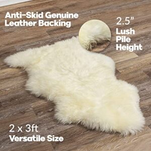 Natural Sheepskin Rug with Thick and Lush 2.5 Inch Pile | Fluffy, Hypoallergenic Sheep Fur Rug with Anti-Skid Back | 2 x 3 ft Small Sheepskin Wool Area Rugs, Natural