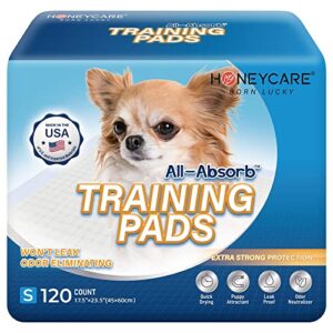 honey care all-absorb, small 17.5" x 23.5", 120 count, dog and puppy training pads, ultra absorbent and odor eliminating, leak-proof 5-layer potty training pads with quick-dry surface, blue, a05