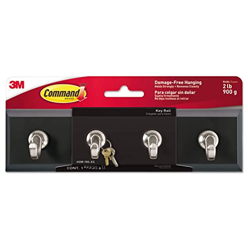 Command 3M Hom18ses Decorative Key Rail, 8W X 1 1/2D X 2 1/8H, Black/Silver, 4 Hooks/Pack