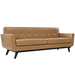 modway engage mid-century modern leather upholstered sofa in tan