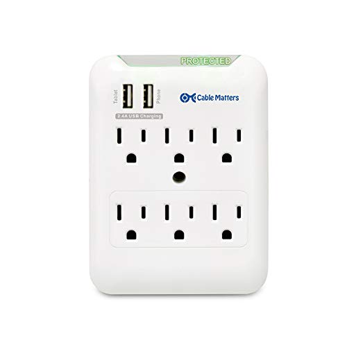 Cable Matters 6 Outlet Wall Mount Surge Protector with USB Charging in White (Updated Version with Dimmed LED Light)