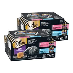 sheba perfect portions cuts in gravy adult wet cat food trays (24 count, 48 servings), delicate salmon and tender whitefish & tuna entrée, easy peel twin-pack trays