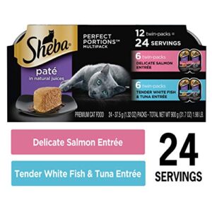 SHEBA PERFECT PORTIONS Cuts in Gravy Adult Wet Cat Food Trays (24 Count, 48 Servings), Delicate Salmon and Tender Whitefish & Tuna Entrée, Easy Peel Twin-Pack Trays