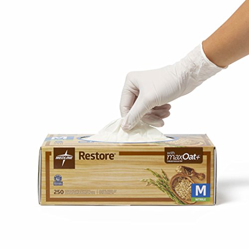 Medline Restore Nitrile Exam Gloves, 250 Count, Medium, Powder Free, Disposable, Colloidal Oatmeal to Soothe Hands, Strong, Tear Resistant for Medical Tasks, Household Chores and More