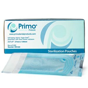 primo dental products sp200 self seal sterilization pouches - autoclave sterilizer bags for dental tools - sterilization bags for nail technicians & tattoo artists - size: 2.25x4 inches - pack of 200