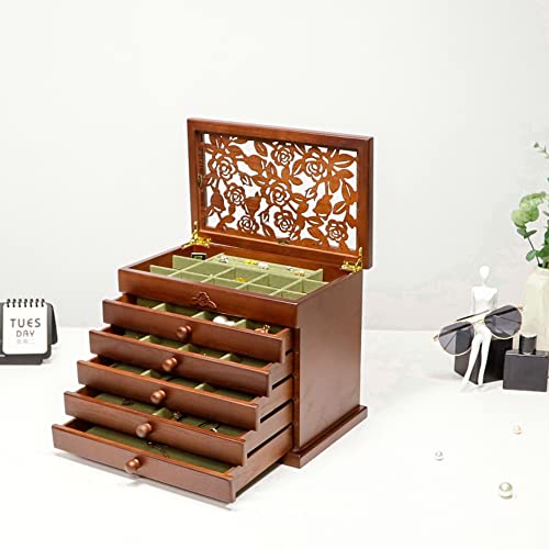 Wood Jewelry Box for Women - Real Wooden Jewelry Holder Organizer Box with Rose Leaf Patterns, Mothers Day Gifts, Jewelry Boxes for Storage Earrings Rings Necklace Bracelet, Ideal Gift for Women's Day