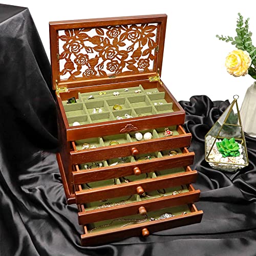 Wood Jewelry Box for Women - Real Wooden Jewelry Holder Organizer Box with Rose Leaf Patterns, Mothers Day Gifts, Jewelry Boxes for Storage Earrings Rings Necklace Bracelet, Ideal Gift for Women's Day