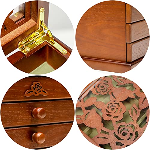 Wood Jewelry Box for Women - Real Wooden Jewelry Holder Organizer Box with Rose Leaf Patterns, Mothers Day Gifts, Jewelry Boxes for Storage Earrings Rings Necklace Bracelet, Ideal Gift for Women's Day
