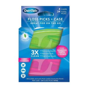 dentek floss picks & travel case for on-the-go, 4 travel cases with 6 floss picks each, (pack of 1)
