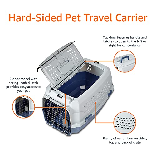 Amazon Basics 2-Door Top Load Hard Sided Dog and Cat Kennel Travel Carrier, 23-Inch, Gray & Blue